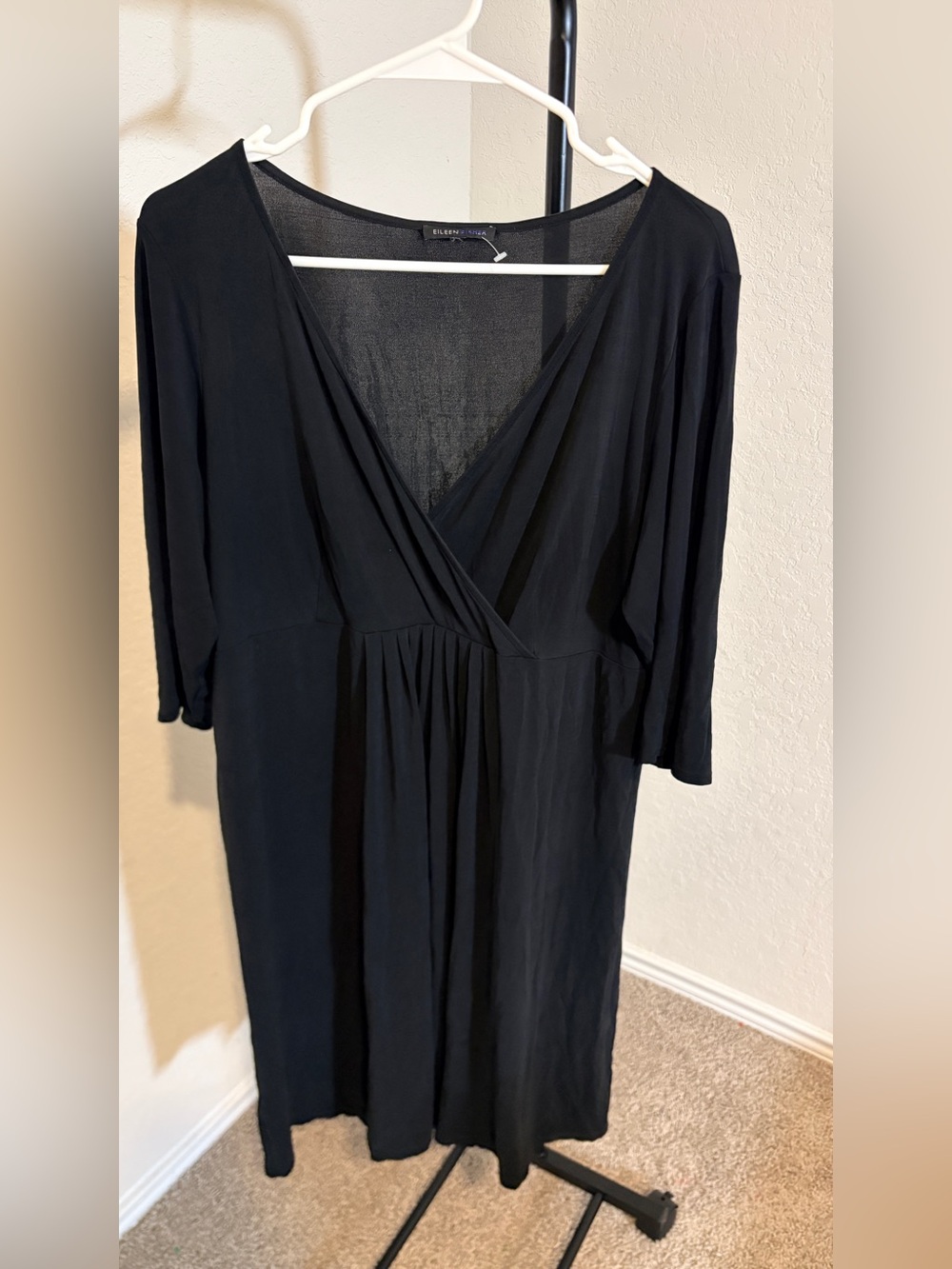 Eileen Fisher 100% Silk Black Faux Wrap-Front Midi Dress